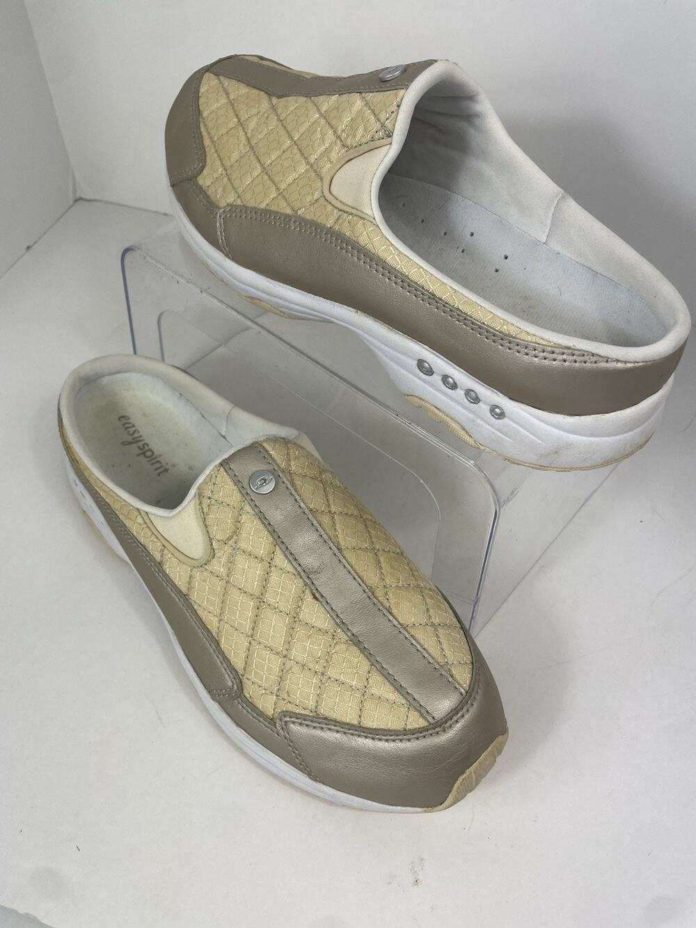 Easy Spirit Travel Quilted Shimmer Beige/Khaki Mule Sneaker Clogs Women's 10